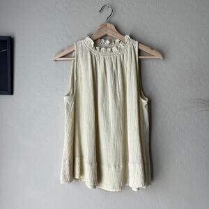 Suzie Kondi Cream Textured Cotton Ruffle High Neck‎ Sleeveless Top Size Small